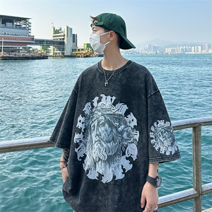 B239-X1005-P38 美式复古水洗做旧 人物印花 短袖T恤图片