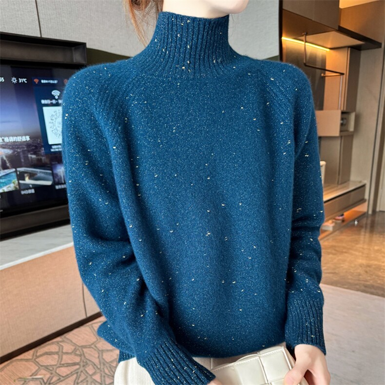 25秋冬100%纯羊毛衫女半高领重工钉珠加厚长袖毛衣宽松打底羊绒衫,女装羊毛衫,迅太羊绒