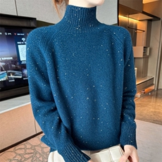 25秋冬100%纯羊毛衫女半高领重工钉珠加厚长袖毛衣宽松打底羊绒衫，女装羊毛衫，迅太羊绒