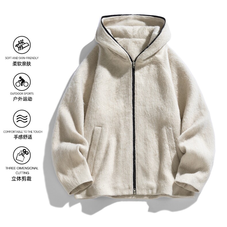 白底 美式复古马海毛连帽男慵懒风短款开衫针织夹克JK02563-P90图片