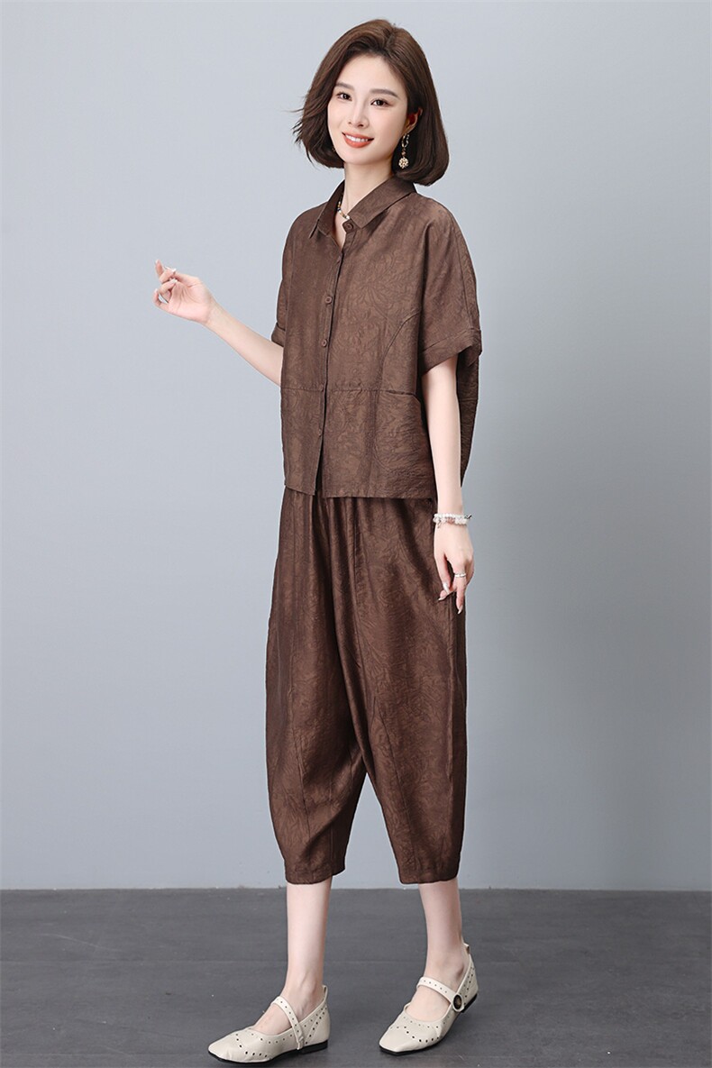 2024年夏季新款时尚休闲短袖衬衫哈伦裤七分裤两件套装,女装套装/套裙,雪樱依海
