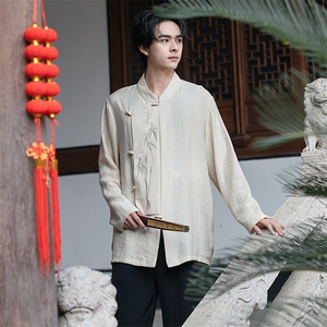 新中式潮风（折枝金竹）棉麻绣花木头扣大码宽松长袖衬衫男女款