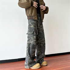 美式高街牛仔裤男春秋季潮牌宽松vibe拖地阔腿多口袋迷彩工装裤子，男装休闲裤，电商A408