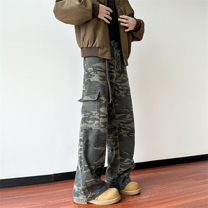 美式高街牛仔裤男春秋季潮牌宽松vibe拖地阔腿多口袋迷彩工装裤子图片
