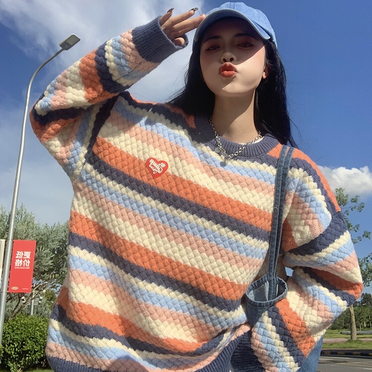 A129-P44毛衣女2025秋冬新款彩色条纹宽松长袖套头上衣,男装针织衫/毛衣,电商B323A