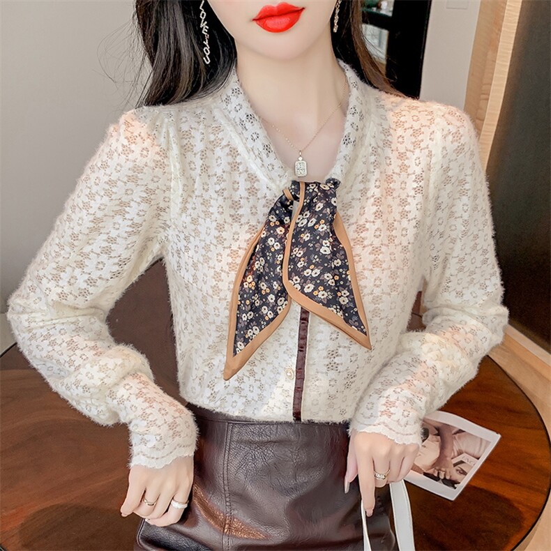 设计感长袖蕾丝衬衫女2021秋新款宽松百搭时尚纯色洋气上衣潮，女装蕾丝衫/雪纺衫，潮品会