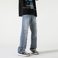 B221美式ins高街小众重工艺字母直筒牛仔裤LK23025-P60控78，男装牛仔裤，电商B221