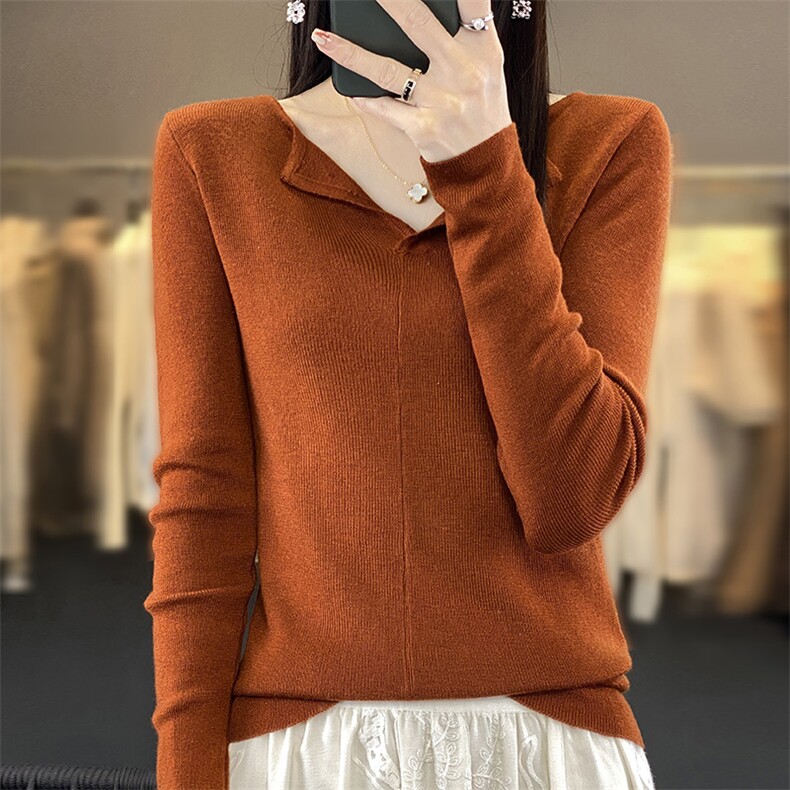 V领6%羊毛针织衫女2024秋季新款内搭打底衫长袖修身显瘦，女装羊毛衫，越洋羊