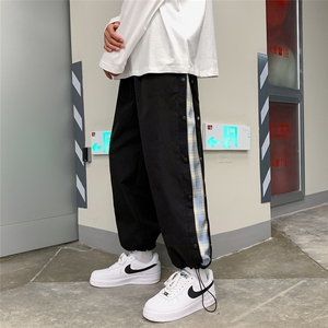 K3080/40秋装休闲裤男排扣格子撞色宽松大码束脚运动裤子男图片