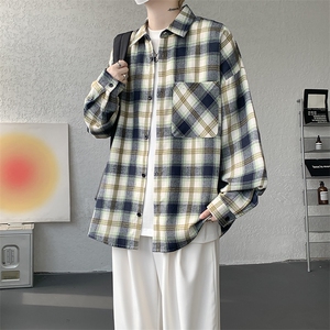 衬衫男春季新款港风宽松大码磨毛格子长袖衬衣CS6639-P35图片