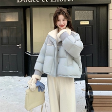 羊羔毛拼接短款羽绒服女2025年冬季新款小个子保暖减龄白鸭绒外套，女装羽绒服，2C032