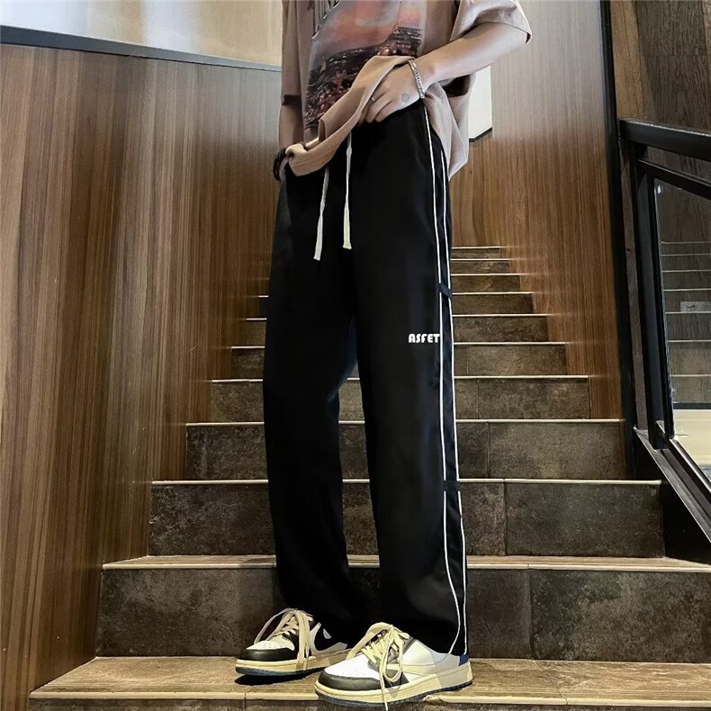 美式复古宽松运动裤男士春秋季潮牌拖地休闲垂感情侣装侧条纹裤子，女装休闲裤，星座506A