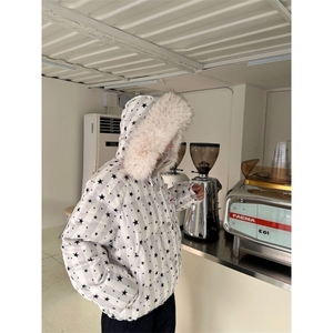 1506A/G78430/P89美式复古风满印星星毛领连帽面包服1图片