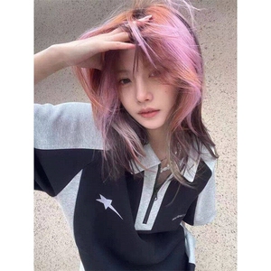 美式复古撞色polo领半拉链短袖t恤女夏季宽松休闲上衣PA188-P30,男装Polo衫,星座1008