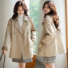 2025年秋季日韩休闲外套直筒型中长款长袖西装领风衣双排扣气质款，女装风衣，沫晗依美