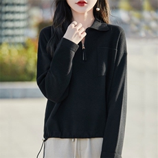 POLO领精纺羊毛长袖针织衫毛衣女春秋半开拉链抽绳卫衣宽松打底衫，女装羊毛衫，暖烁羊绒