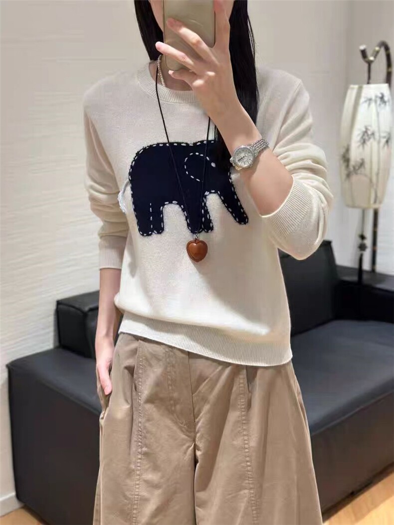 秋季新款针织圆领套头上衣时尚休闲百搭，女装针织衫/毛衣，初婷羊绒