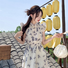 新中式风印花盘扣飞飞袖小个子连衣裙女2C276-L3499-P105-K155，女装连衣裙，2C276