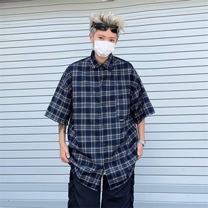 港风夏季格子短袖衬衫男装宽松文艺韩版衬衣外套上衣CY888-P43,男红针织衫搭配图片图片
