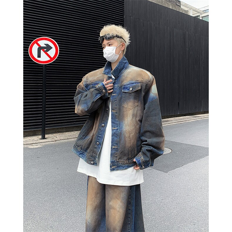 美式复古水洗做旧牛仔夹克男痞帅炸街高级感外套vintage潮牌褂子，男装夹克，星座410-7