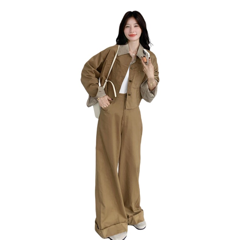 新款！大量！格子拼接工装阔腿裤两件套2C133-8975-P195-K268,女装套装/套裙,2C133
