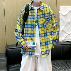 长袖格子衬衫港风ins宽松衬衣男夏季潮流百搭休闲外套CS01136-P38，男装衬衫，星座308B-1