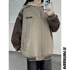 主推美式复古拼接罗纹pu棒球服情侣皮衣夹克外套男女G1094P108，男装夹克，电商A339
