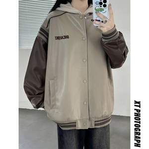 主推 美式复古拼接罗纹pu棒球服情侣皮衣夹克外套男女 G1094 P108图片