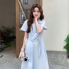浅蓝色连衣裙女2025夏季新款韩系学院风通勤减龄显瘦高腰衬衫长裙，女装连衣裙，2C273