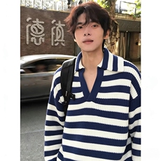 领海军蓝老钱松弛感条纹毛衣男针织衫，男装针织衫/毛衣，四季星座505