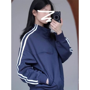 5636-P50美式复古条纹立领新款休闲运动服拉链卫衣外套图片