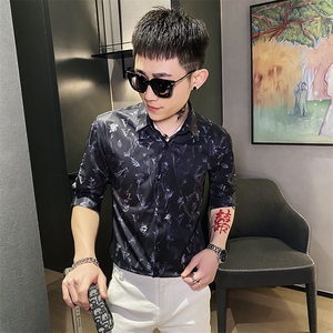 312A-106-P55 新款社会小伙中袖衬衫韩版潮流男士五分袖衬衣A图片