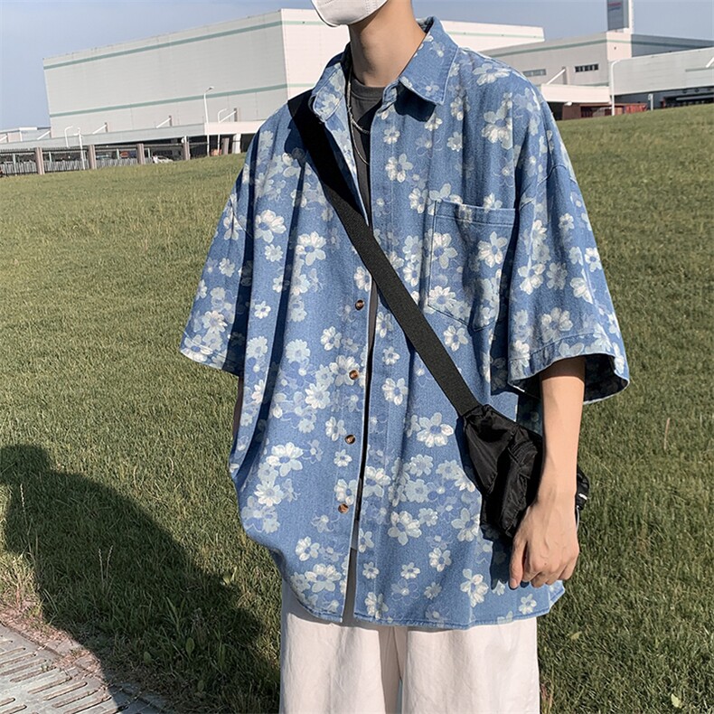 夏季新款复古做旧上衣情侣牛仔花朵衬衫男短袖衬衣W3427-P50,男装衬衫,星座512-2