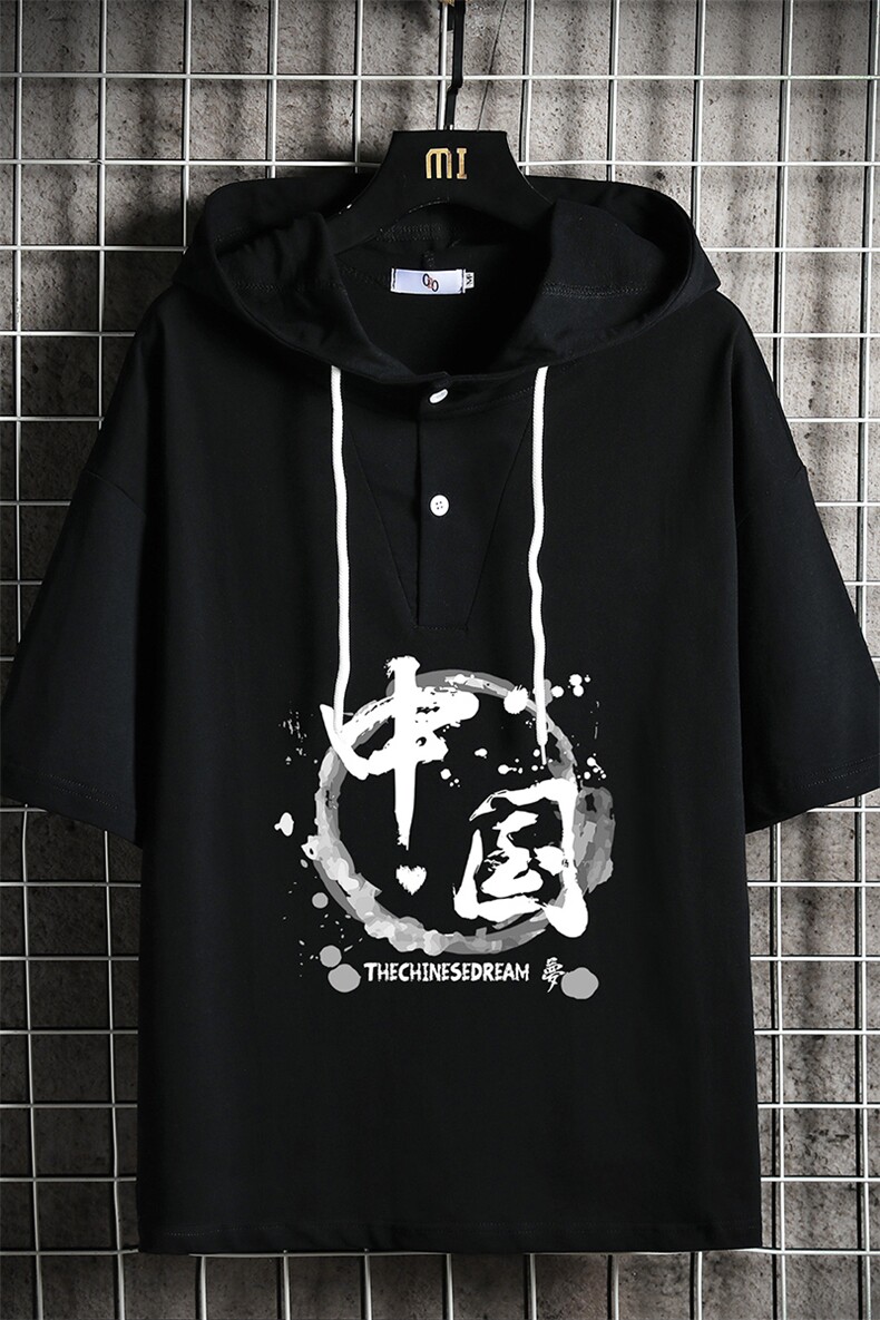 LD54134-P45连帽短袖t恤男大码胖子带帽五分袖中袖网格挂拍,男装T恤,电商A040A