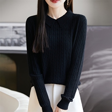 24秋冬100%纯羊毛衫女POLO领麻花针织毛衣宽松百搭羊绒衫打底上衣，女装羊毛衫，朝思羊绒
