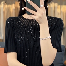 时尚洋气亮片薄款羊毛针织衫短袖女夏季宽松半袖套头T恤冰丝上衣，女装T恤，暖烁羊绒