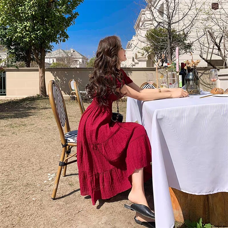 2021新款小个子桔梗初恋裙子森系法式长裙收腰显瘦红色连衣裙女夏，女装连衣裙，潮品会