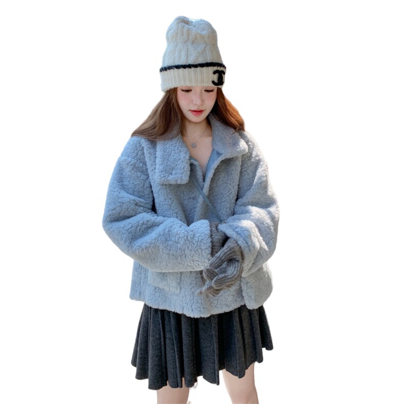 衣珂纱朗2D044-现货！25冬装新外套羊羔毛蓝色毛毛外套,女装派克服,衣珂纱朗