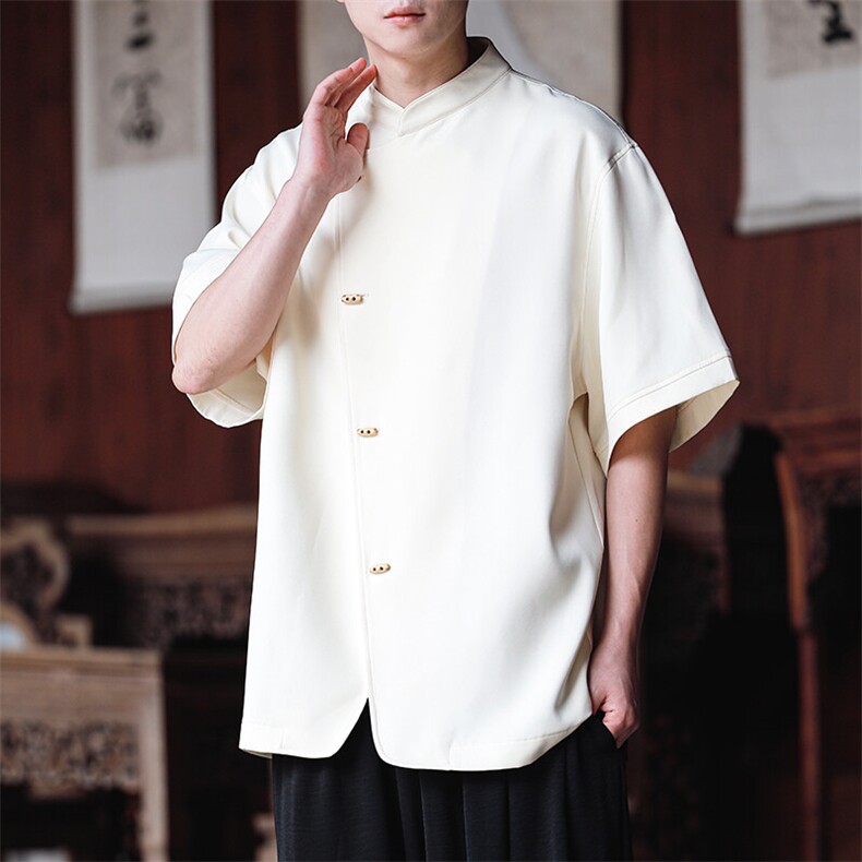 现货 男士大码风立领纯色斜开门襟个性短袖衬衫T2522-P60控89图片
