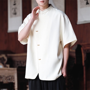 现货 男士大码风立领纯色斜开门襟个性短袖衬衫T2522-P60控89图片