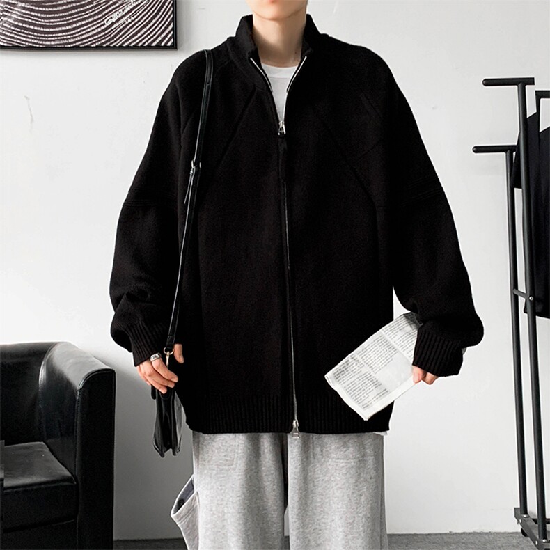 秋款男立领毛衣拼接条纹宽松针织衫双拉链外套M231P68，男装针织衫/毛衣，星座1013-1