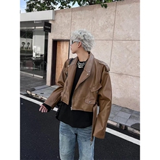 美式咖色铆钉皮衣外套男款潮炸街设计痞帅短款机车服夹克PA144，男装夹克，星座1116A（原606A-3）