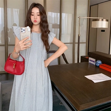 韩版小个子宽松显瘦飞飞袖茶歇裙2025年夏季减龄高级感独特连衣裙，女装连衣裙，2D080