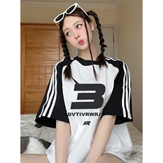 夏季美式高街重磅纯棉三条杠织带插肩撞色男女短袖T恤CZ92-特P25，男装T恤，电商A486