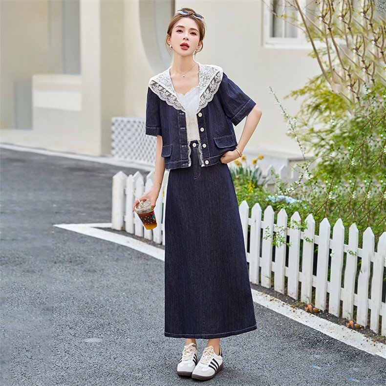 2025夏季水洗牛仔拼接蕾丝休闲潮两件套裙减龄今年流行的女装套装,女装套装/套裙,艾仟回(原伊仟回)