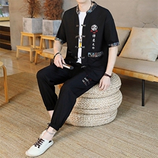 风男装夏季冰丝短袖开衫男复古汉服套装风，男装休闲套装，星座1206（原A206）
