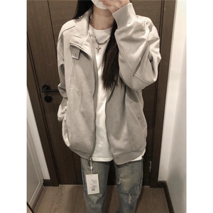 仿麂皮绒立领夹克男女潮牌情侣装春秋季休闲cleanfit百搭纯色外套图片
