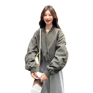 格纹拼接军绿色棒球服短外套女春秋2025新款小个子设计感小众上衣图片