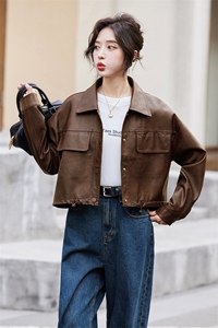 短款皮衣外套女2024秋季新款宽松休闲美式复古美拉德机车夹克上衣图片