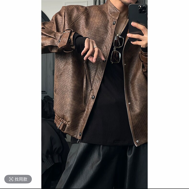 秋季新款美式复古编织设计皮衣外套机车皮夹克男JK2376P135(网图,男装夹克,电商B267